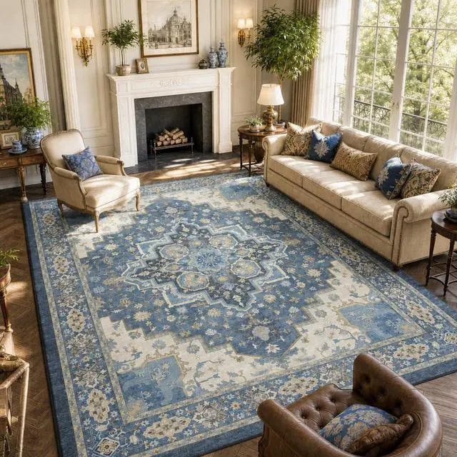Main image of AMADA HOMEFURNISHING 8x10 Area Rug for Living Room, Vintage Washable Area Rug Low-Pile & Non-Slip Carpet for Bedroom Dining Room Nursery Home Office, Navy Blue/Beige