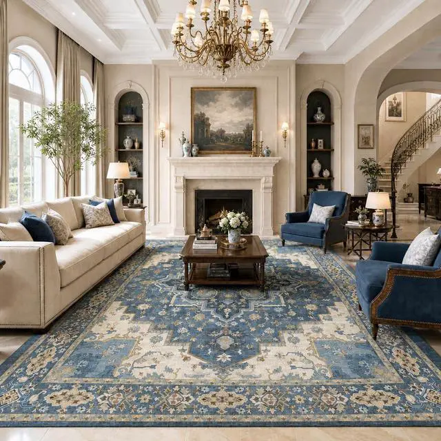 Alt view image 2 of 7 - AMADA HOMEFURNISHING 8x10 Area Rug for Living Room, Vintage Washable Area Rug Low-Pile & Non-Slip Carpet for Bedroom Dining Room Nursery Home Office, Navy Blue/Beige