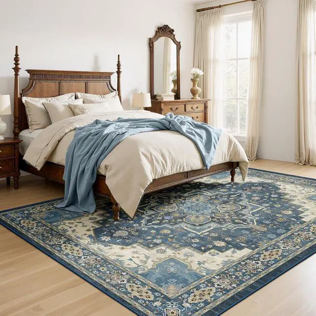 Alt view image 3 of 7 - AMADA HOMEFURNISHING 8x10 Area Rug for Living Room, Vintage Washable Area Rug Low-Pile & Non-Slip Carpet for Bedroom Dining Room Nursery Home Office, Navy Blue/Beige