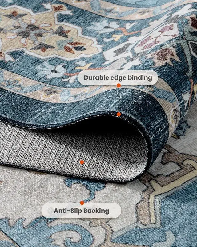 Alt view image 4 of 7 - AMADA HOMEFURNISHING 8x10 Area Rug for Living Room, Vintage Washable Area Rug Low-Pile & Non-Slip Carpet for Bedroom Dining Room Nursery Home Office, Navy Blue/Beige