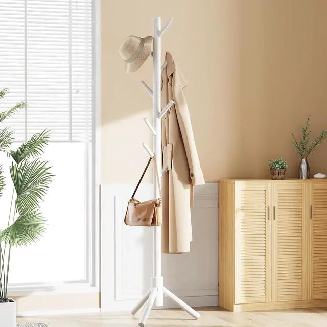 Alt view image 7 of 7 - Pipishell Solid Wooden Coat Rack Freestanding, Hall Tree with 8 Hooks, 3 Height Options for Coats, Hats, Handbags, and Scarves, Tool-Free Assembly, Space Saving Design for Entryway, Office, Bedroom