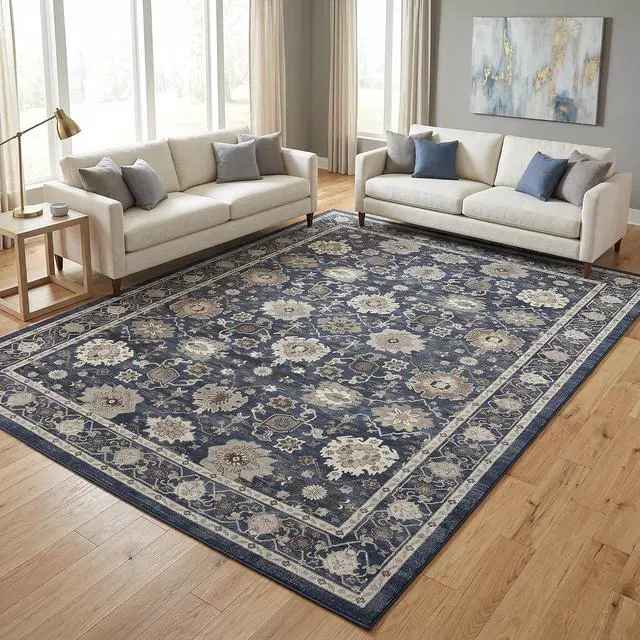Alt view image 2 of 7 - AMADA HOMEFURNISHING 8x10 Area Rug for Living Room,Vintage Washable Area Rug Low-Pile & Non-Slip Carpet for Bedroom Dining Room Nursery Home Office, Navy Blue/Brown