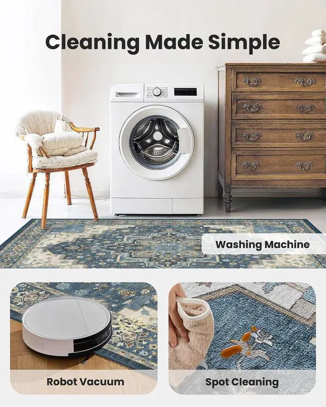 Alt view image 5 of 7 - AMADA HOMEFURNISHING 8x10 Area Rug for Living Room, Vintage Washable Area Rug Low-Pile & Non-Slip Carpet for Bedroom Dining Room Nursery Home Office, Navy Blue/Beige