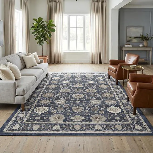 Alt view image 3 of 7 - AMADA HOMEFURNISHING 8x10 Area Rug for Living Room,Vintage Washable Area Rug Low-Pile & Non-Slip Carpet for Bedroom Dining Room Nursery Home Office, Navy Blue/Brown