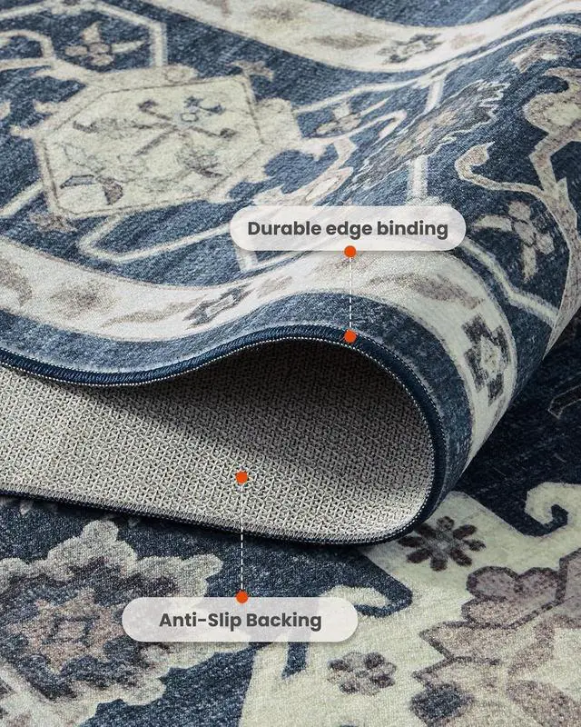 Alt view image 4 of 7 - AMADA HOMEFURNISHING 8x10 Area Rug for Living Room,Vintage Washable Area Rug Low-Pile & Non-Slip Carpet for Bedroom Dining Room Nursery Home Office, Navy Blue/Brown