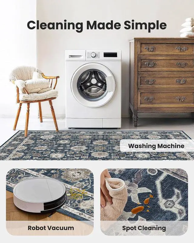 Alt view image 5 of 7 - AMADA HOMEFURNISHING 8x10 Area Rug for Living Room,Vintage Washable Area Rug Low-Pile & Non-Slip Carpet for Bedroom Dining Room Nursery Home Office, Navy Blue/Brown