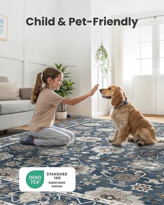 Alt view image 7 of 7 - AMADA HOMEFURNISHING 8x10 Area Rug for Living Room,Vintage Washable Area Rug Low-Pile & Non-Slip Carpet for Bedroom Dining Room Nursery Home Office, Navy Blue/Brown