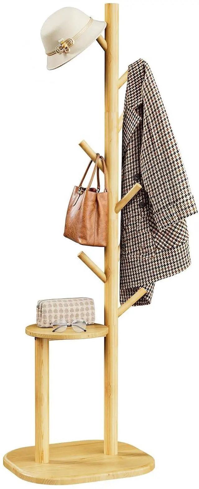 Main image of Pipishell Coat Rack, Freestanding Hall Tree with 8 Hooks & Storage Shelf, Solid Wood Base, 66.3 Tall Coat Rack Stand for Coats, Hats, Bag in Entryway, Bedroom, Living Room, Wood, PIFCR11N
