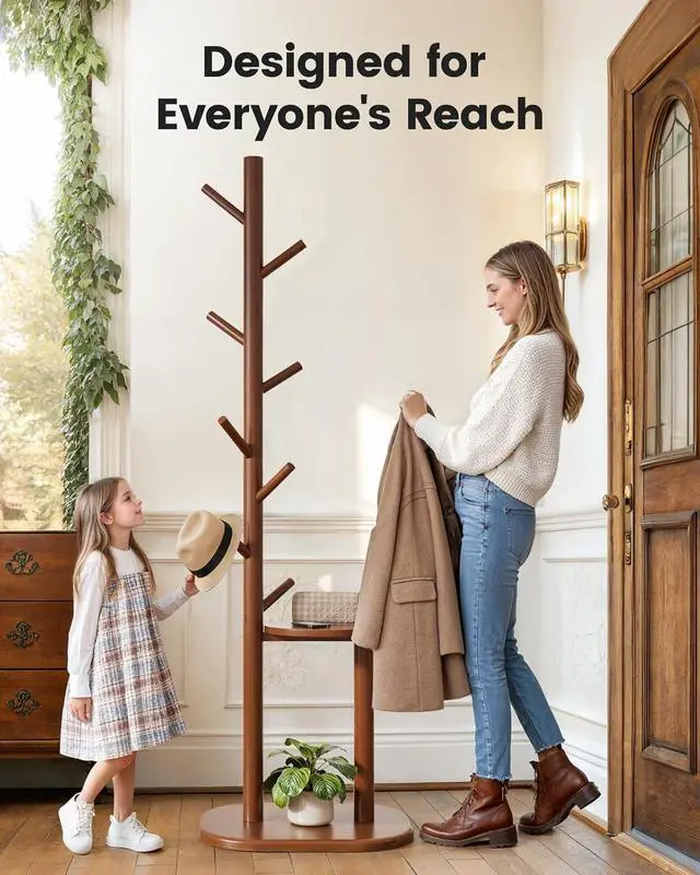 Alt view image 5 of 7 - Pipishell Coat Rack, Freestanding Hall Tree with 8 Hooks & Storage Shelf, Solid Wood Base, 66.3 Tall Coat Rack Stand for Coats, Hats, Bag in Entryway, Bedroom, Living Room, Brown