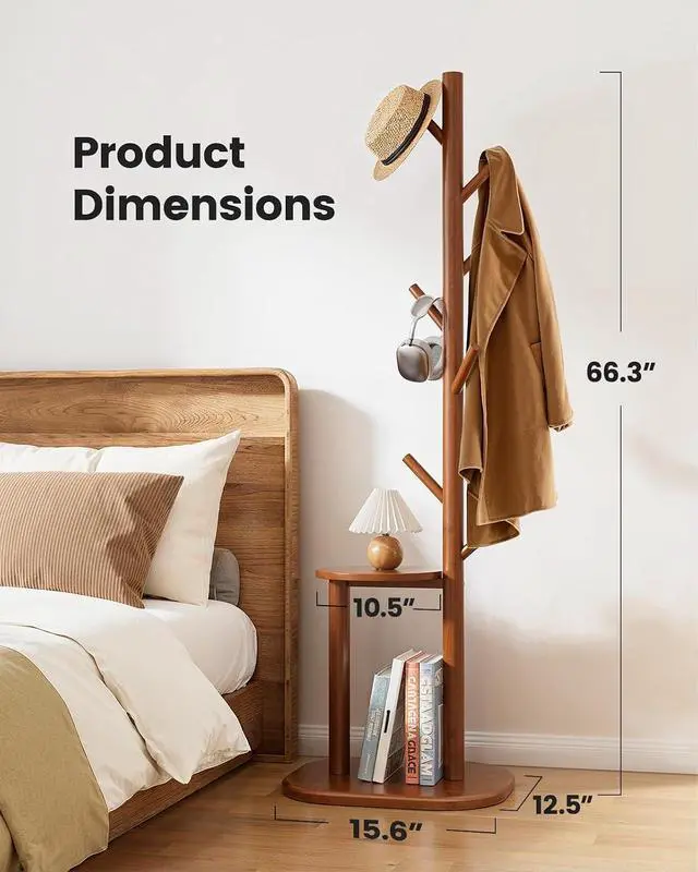 Alt view image 6 of 7 - Pipishell Coat Rack, Freestanding Hall Tree with 8 Hooks & Storage Shelf, Solid Wood Base, 66.3 Tall Coat Rack Stand for Coats, Hats, Bag in Entryway, Bedroom, Living Room, Brown