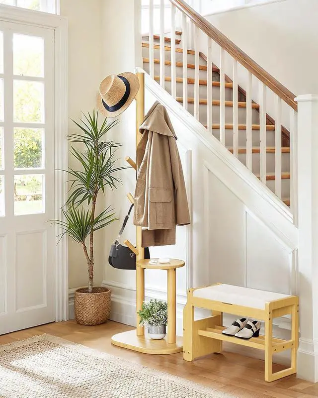 Alt view image 2 of 7 - Pipishell Coat Rack, Freestanding Hall Tree with 8 Hooks & Storage Shelf, Solid Wood Base, 66.3 Tall Coat Rack Stand for Coats, Hats, Bag in Entryway, Bedroom, Living Room, Wood, PIFCR11N