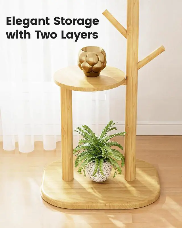 Alt view image 3 of 7 - Pipishell Coat Rack, Freestanding Hall Tree with 8 Hooks & Storage Shelf, Solid Wood Base, 66.3 Tall Coat Rack Stand for Coats, Hats, Bag in Entryway, Bedroom, Living Room, Wood, PIFCR11N