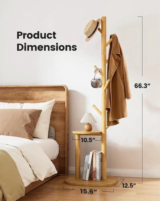 Alt view image 5 of 7 - Pipishell Coat Rack, Freestanding Hall Tree with 8 Hooks & Storage Shelf, Solid Wood Base, 66.3 Tall Coat Rack Stand for Coats, Hats, Bag in Entryway, Bedroom, Living Room, Wood, PIFCR11N