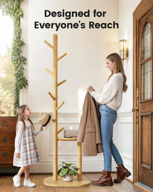Alt view image 4 of 7 - Pipishell Coat Rack, Freestanding Hall Tree with 8 Hooks & Storage Shelf, Solid Wood Base, 66.3 Tall Coat Rack Stand for Coats, Hats, Bag in Entryway, Bedroom, Living Room, Wood, PIFCR11N