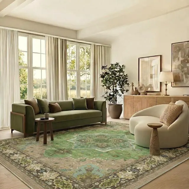 Alt view image 2 of 7 - AMADA HOMEFURNISHING 8x10 Area Rug for Living Room, Vintage Washable Area Rug Low-Pile & Non-Slip Carpet for Bedroom Dining Room Nursery Home Office, Green