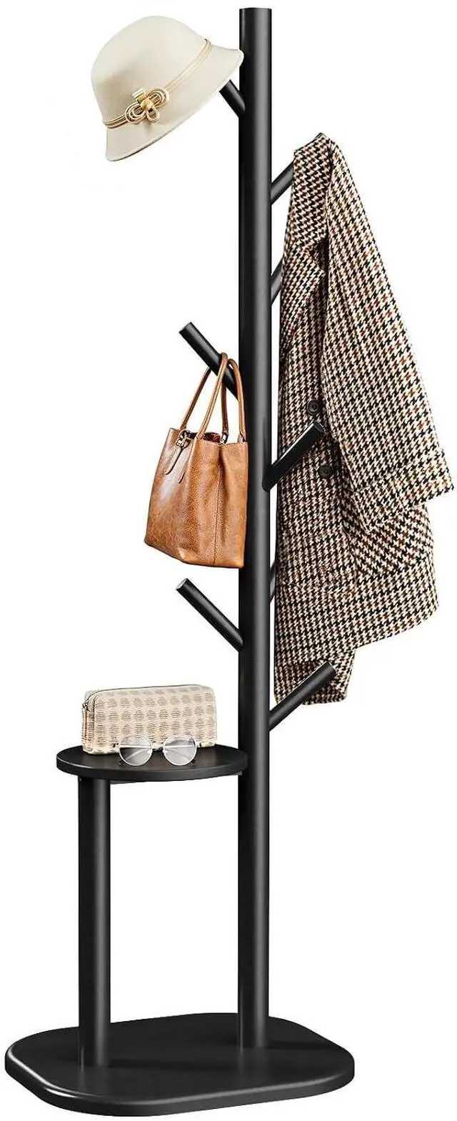 Main image of Pipishell Coat Rack, Freestanding Hall Tree with 8 Hooks & Storage Shelf, Solid Wood Base, 66.3 Tall Coat Rack Stand for Coats, Hats, Bag in Entryway, Bedroom, Living Room, Black, PIFCR11B