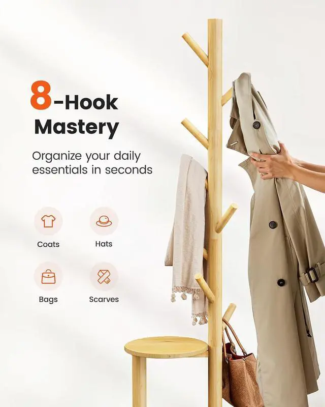 Alt view image 6 of 7 - Pipishell Coat Rack, Freestanding Hall Tree with 8 Hooks & Storage Shelf, Solid Wood Base, 66.3 Tall Coat Rack Stand for Coats, Hats, Bag in Entryway, Bedroom, Living Room, Wood, PIFCR11N