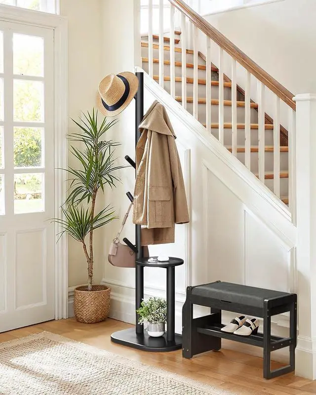 Alt view image 2 of 7 - Pipishell Coat Rack, Freestanding Hall Tree with 8 Hooks & Storage Shelf, Solid Wood Base, 66.3 Tall Coat Rack Stand for Coats, Hats, Bag in Entryway, Bedroom, Living Room, Black, PIFCR11B
