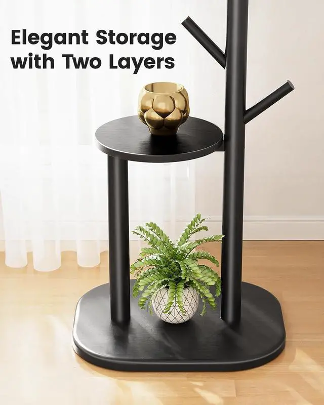 Alt view image 3 of 7 - Pipishell Coat Rack, Freestanding Hall Tree with 8 Hooks & Storage Shelf, Solid Wood Base, 66.3 Tall Coat Rack Stand for Coats, Hats, Bag in Entryway, Bedroom, Living Room, Black, PIFCR11B