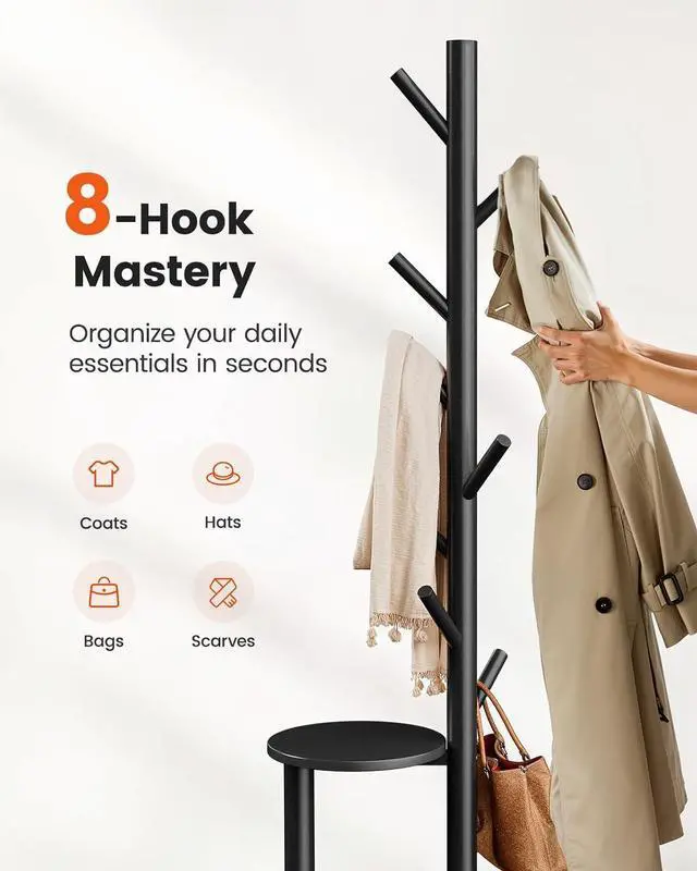 Alt view image 5 of 7 - Pipishell Coat Rack, Freestanding Hall Tree with 8 Hooks & Storage Shelf, Solid Wood Base, 66.3 Tall Coat Rack Stand for Coats, Hats, Bag in Entryway, Bedroom, Living Room, Black, PIFCR11B