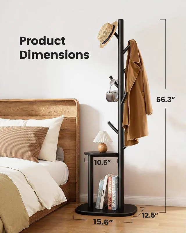 Alt view image 4 of 7 - Pipishell Coat Rack, Freestanding Hall Tree with 8 Hooks & Storage Shelf, Solid Wood Base, 66.3 Tall Coat Rack Stand for Coats, Hats, Bag in Entryway, Bedroom, Living Room, Black, PIFCR11B