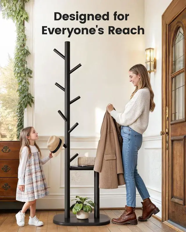 Alt view image 6 of 7 - Pipishell Coat Rack, Freestanding Hall Tree with 8 Hooks & Storage Shelf, Solid Wood Base, 66.3 Tall Coat Rack Stand for Coats, Hats, Bag in Entryway, Bedroom, Living Room, Black, PIFCR11B