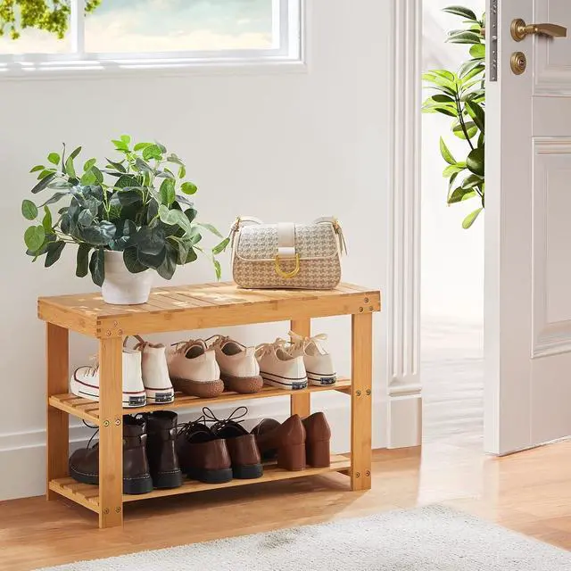 Alt view image 2 of 7 - Pipishell 3 Tier Bamboo Shoe Rack Bench - Sturdy Shoe Organizer Holds up to 300lbs for Entryway, Bedroom, Living Room, Balcony