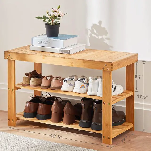 Alt view image 3 of 7 - Pipishell 3 Tier Bamboo Shoe Rack Bench - Sturdy Shoe Organizer Holds up to 300lbs for Entryway, Bedroom, Living Room, Balcony