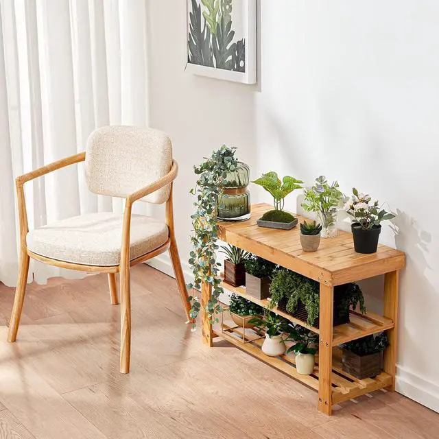 Alt view image 5 of 7 - Pipishell 3 Tier Bamboo Shoe Rack Bench - Sturdy Shoe Organizer Holds up to 300lbs for Entryway, Bedroom, Living Room, Balcony