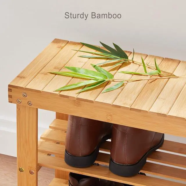 Alt view image 7 of 7 - Pipishell 3 Tier Bamboo Shoe Rack Bench - Sturdy Shoe Organizer Holds up to 300lbs for Entryway, Bedroom, Living Room, Balcony