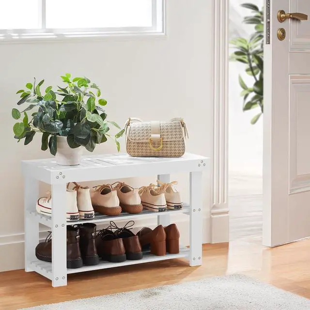 Alt view image 2 of 7 - Pipishell Bamboo Shoe Rack Bench, 3-Tier Sturdy Shoe Organizer, Storage Shoe Bench, Holds up to 300lbs for Entryway Bedroom Living Room Balcony (White)