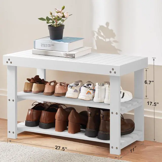 Alt view image 3 of 7 - Pipishell Bamboo Shoe Rack Bench, 3-Tier Sturdy Shoe Organizer, Storage Shoe Bench, Holds up to 300lbs for Entryway Bedroom Living Room Balcony (White)