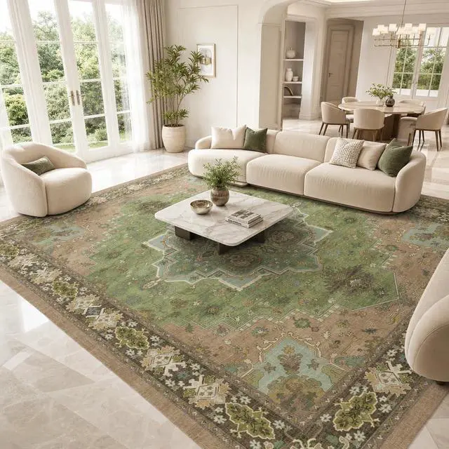Alt view image 3 of 7 - AMADA HOMEFURNISHING 9x12 Area Rug for Living Room, Vintage Washable Area Rug Low-Pile & Non-Slip Carpet for Bedroom Dining Room Nursery Home Office, Green