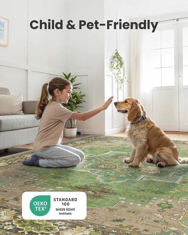 Alt view image 7 of 7 - AMADA HOMEFURNISHING 6x9 Area Rug for Living Room, Vintage Washable Area Rug Low-Pile & Non-Slip Carpet for Bedroom Dining Room Nursery Home Office, Green