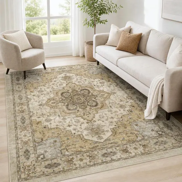 Alt view image 2 of 7 - AMADA HOMEFURNISHING 8x10 Area Rug for Living Room, Vintage Washable Area Rug Low-Pile & Non-Slip Carpet for Bedroom Dining Room Nursery Home Office, Beige/Cream