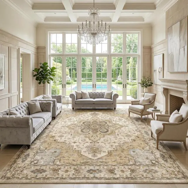 Main image of AMADA HOMEFURNISHING 8x10 Area Rug for Living Room, Vintage Washable Area Rug Low-Pile & Non-Slip Carpet for Bedroom Dining Room Nursery Home Office, Beige/Cream