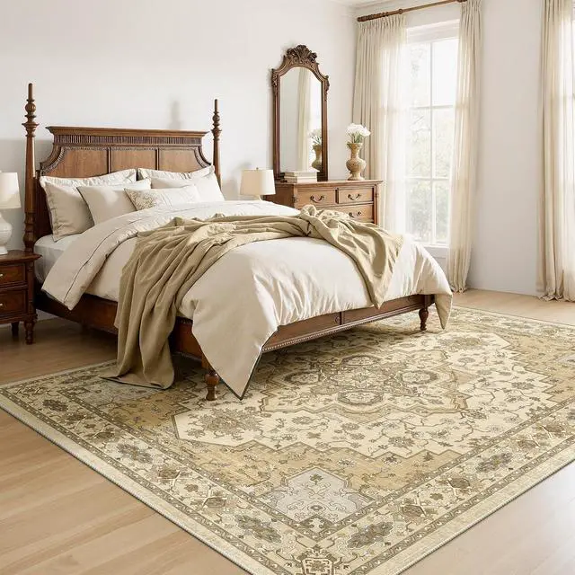 Alt view image 4 of 7 - AMADA HOMEFURNISHING 8x10 Area Rug for Living Room, Vintage Washable Area Rug Low-Pile & Non-Slip Carpet for Bedroom Dining Room Nursery Home Office, Beige/Cream