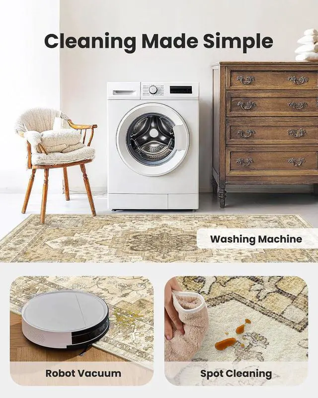 Alt view image 6 of 7 - AMADA HOMEFURNISHING 8x10 Area Rug for Living Room, Vintage Washable Area Rug Low-Pile & Non-Slip Carpet for Bedroom Dining Room Nursery Home Office, Beige/Cream