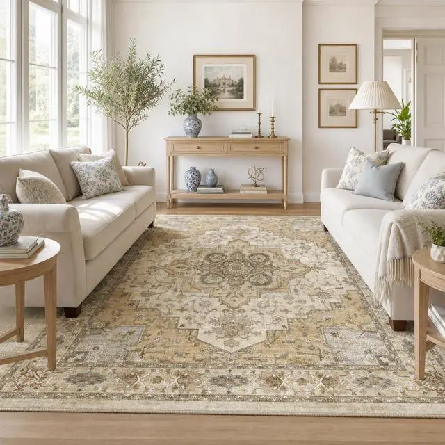 Alt view image 6 of 7 - AMADA HOMEFURNISHING 9x12 Area Rug for Living Room,Vintage Washable Area Rug Low-Pile & Non-Slip Carpet for Bedroom Dining Room Nursery Home Office, Beige/Cream