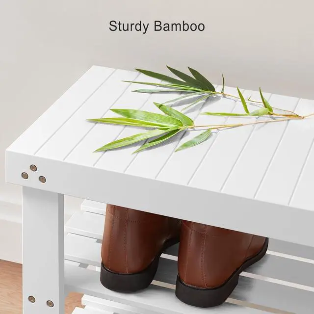Alt view image 6 of 7 - Pipishell Bamboo Shoe Rack Bench, 3-Tier Sturdy Shoe Organizer, Storage Shoe Bench, Holds up to 300lbs for Entryway Bedroom Living Room Balcony (White)