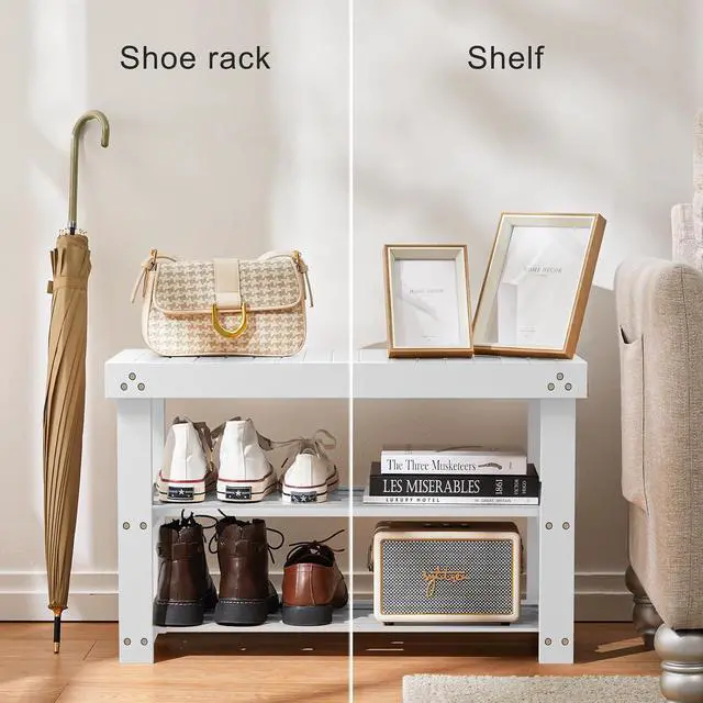 Alt view image 7 of 7 - Pipishell Bamboo Shoe Rack Bench, 3-Tier Sturdy Shoe Organizer, Storage Shoe Bench, Holds up to 300lbs for Entryway Bedroom Living Room Balcony (White)