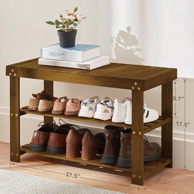 Alt view image 3 of 7 - Pipishell Bamboo Shoe Rack Bench, 3 Tier Sturdy Shoe Bench, Storage Shoe Organizer, Holds up to 300lbs for Entryway Bedroom Living Room Balcony, Yellow Brown
