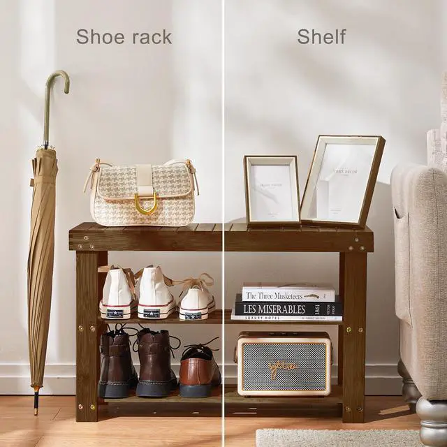 Alt view image 5 of 7 - Pipishell Bamboo Shoe Rack Bench, 3 Tier Sturdy Shoe Bench, Storage Shoe Organizer, Holds up to 300lbs for Entryway Bedroom Living Room Balcony, Yellow Brown