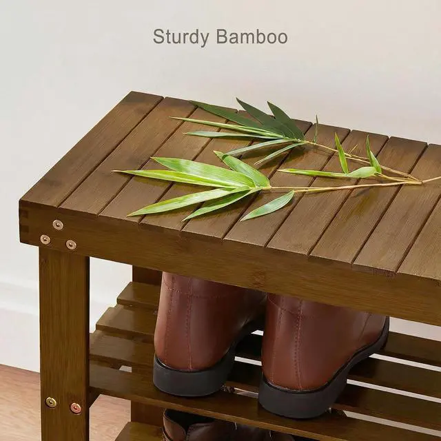 Alt view image 6 of 7 - Pipishell Bamboo Shoe Rack Bench, 3 Tier Sturdy Shoe Bench, Storage Shoe Organizer, Holds up to 300lbs for Entryway Bedroom Living Room Balcony, Yellow Brown