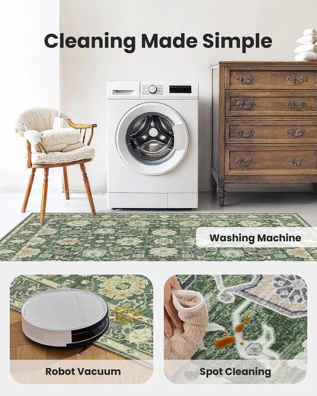 Alt view image 6 of 7 - AMADA HOMEFURNISHING 8x10 Area Rug for Living Room, Vintage Washable Area Rug Low-Pile & Non-Slip Carpet for Bedroom Dining Room Nursery Home Office, Olive Green