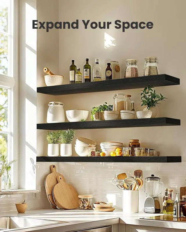 Alt view image 5 of 7 - AMADA HOMEFURNISHING Floating Shelves, Wall Shelves for Living Room, Bedroom, Bathroom, Kitchen & Home Office Organization, Bathroom Shelves with Hidden Brackets, 22 lbs Max Load, Black, AMFS45B
