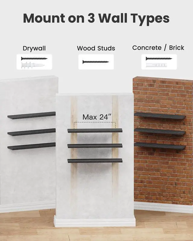 Alt view image 6 of 7 - AMADA HOMEFURNISHING Floating Shelves, Wall Shelves for Living Room, Bedroom, Bathroom, Kitchen & Home Office Organization, Bathroom Shelves with Hidden Brackets, 22 lbs Max Load, Black, AMFS45B