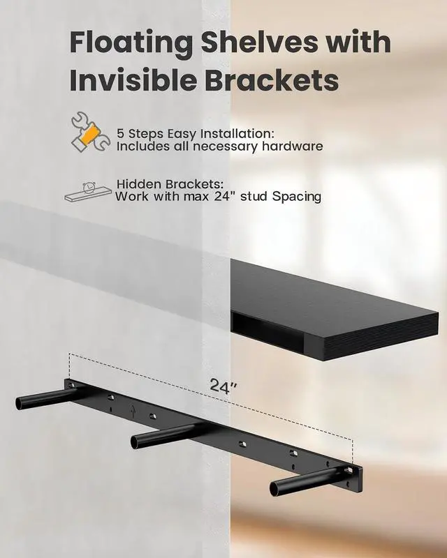 Alt view image 7 of 7 - AMADA HOMEFURNISHING Floating Shelves, Wall Shelves for Living Room, Bedroom, Bathroom, Kitchen & Home Office Organization, Bathroom Shelves with Hidden Brackets, 22 lbs Max Load, Black, AMFS45B