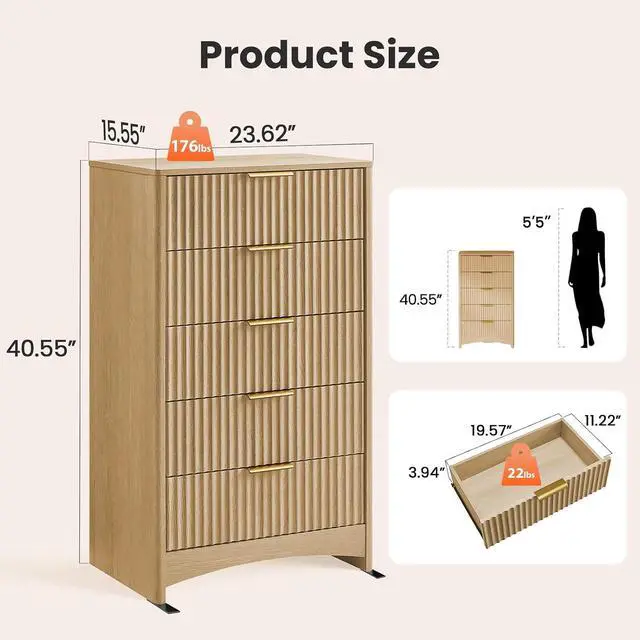 Alt view image 2 of 7 - Pipishell Dresser for Bedroom, Fluted 5 Drawers Dresser, 40" Tall Modern Chest of Drawer with Round Edge & Pre-Installed Drawer Slides, Natural Wood Drawer Organizer for Bedroom, Hallway, Natural Oak