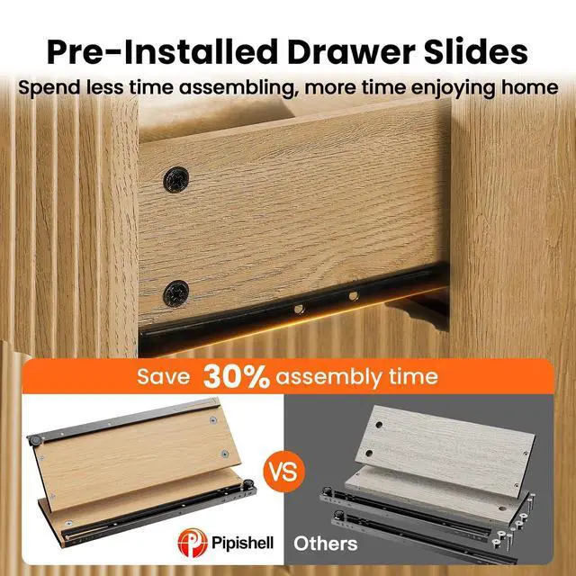 Alt view image 4 of 7 - Pipishell Dresser for Bedroom, Fluted 5 Drawers Dresser, 40" Tall Modern Chest of Drawer with Round Edge & Pre-Installed Drawer Slides, Natural Wood Drawer Organizer for Bedroom, Hallway, Natural Oak